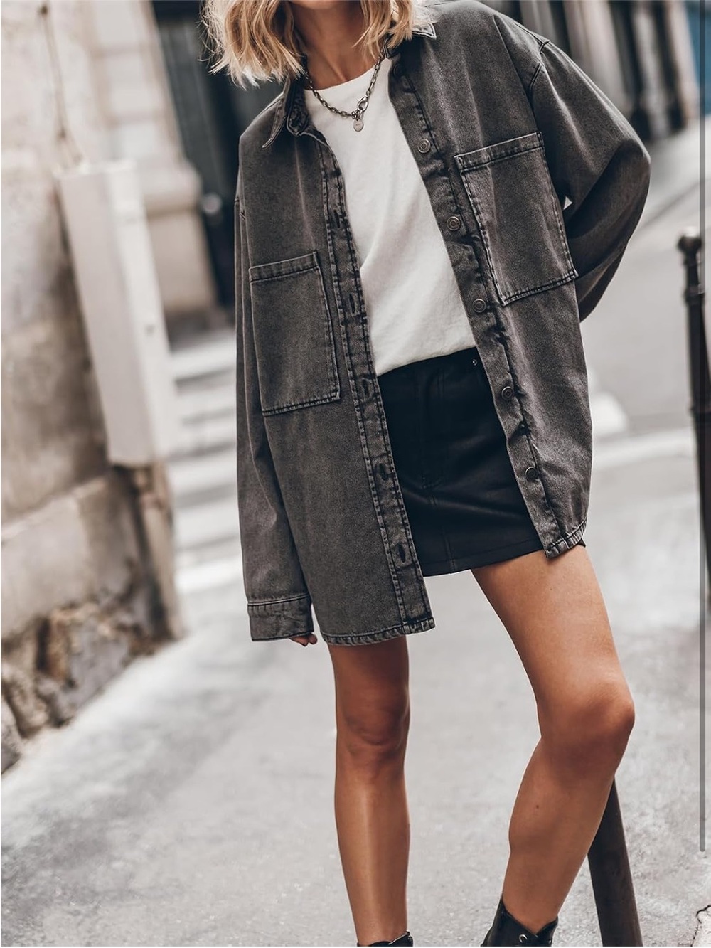 Washed Charcoal Gray Oversized Denim Shacket - Picture 3 of 7